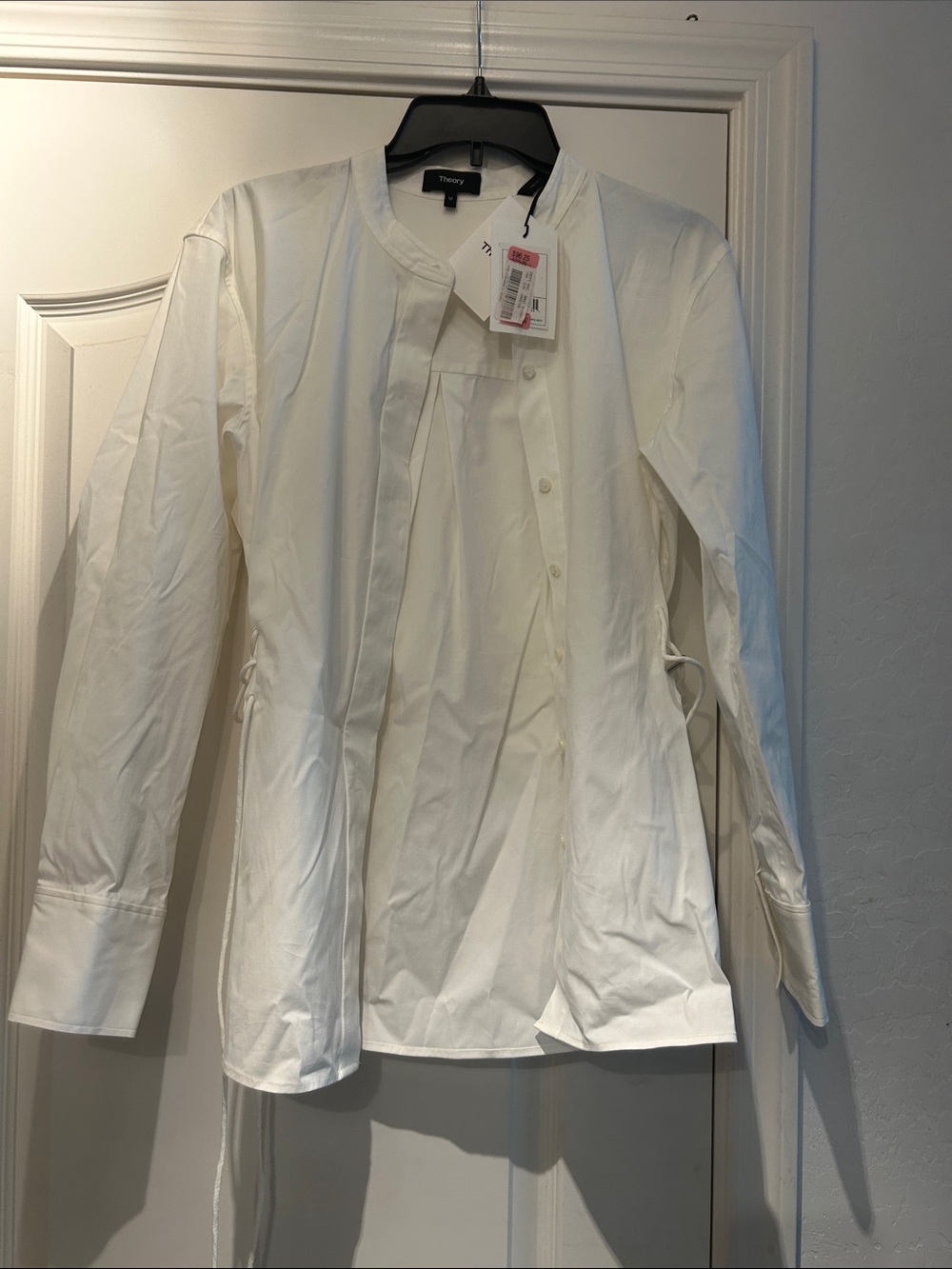 Theory White Band Collar Button-Front Shirt with Side Ties